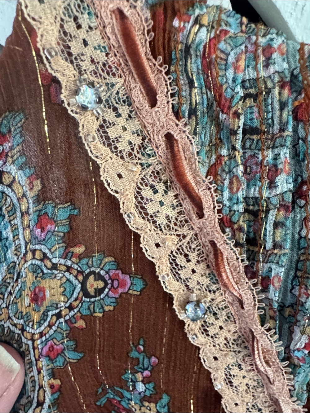 Vintage Y2K Silk Paisley Cami Rhinestone Lace Straps S - Picture 4 of 5